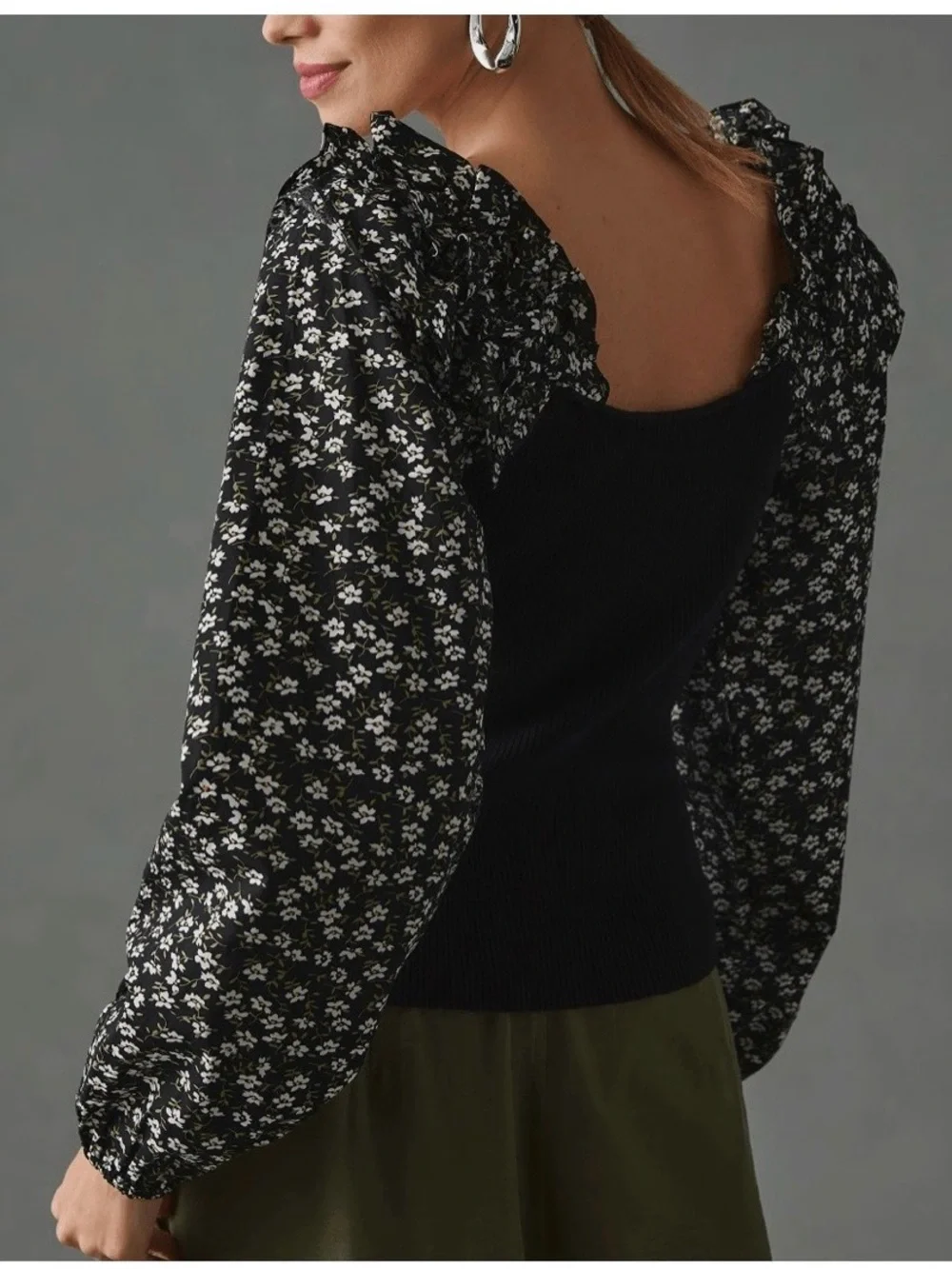 Anthropologie Black Knit Top with Floral Puff Sleeves Medium